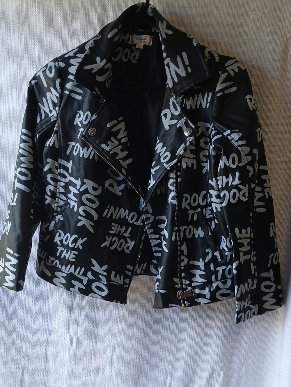 D Signed Disney Black Graffiti Print Faux Leather Biker Jacket -kids